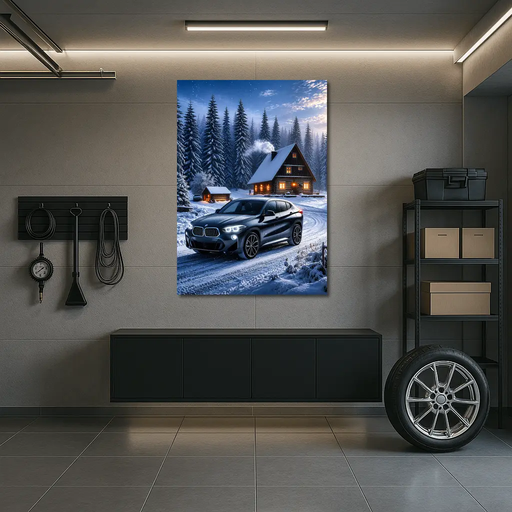 BMW X2 Dark Snowy Forest Cabin Night – Wall Art