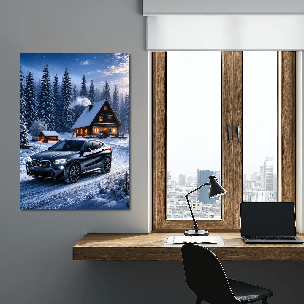 BMW X2 Dark Snowy Forest Cabin Night – Wall Art