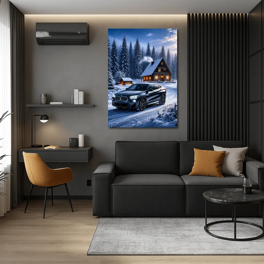 BMW X2 Dark Snowy Forest Cabin Night – Wall Art