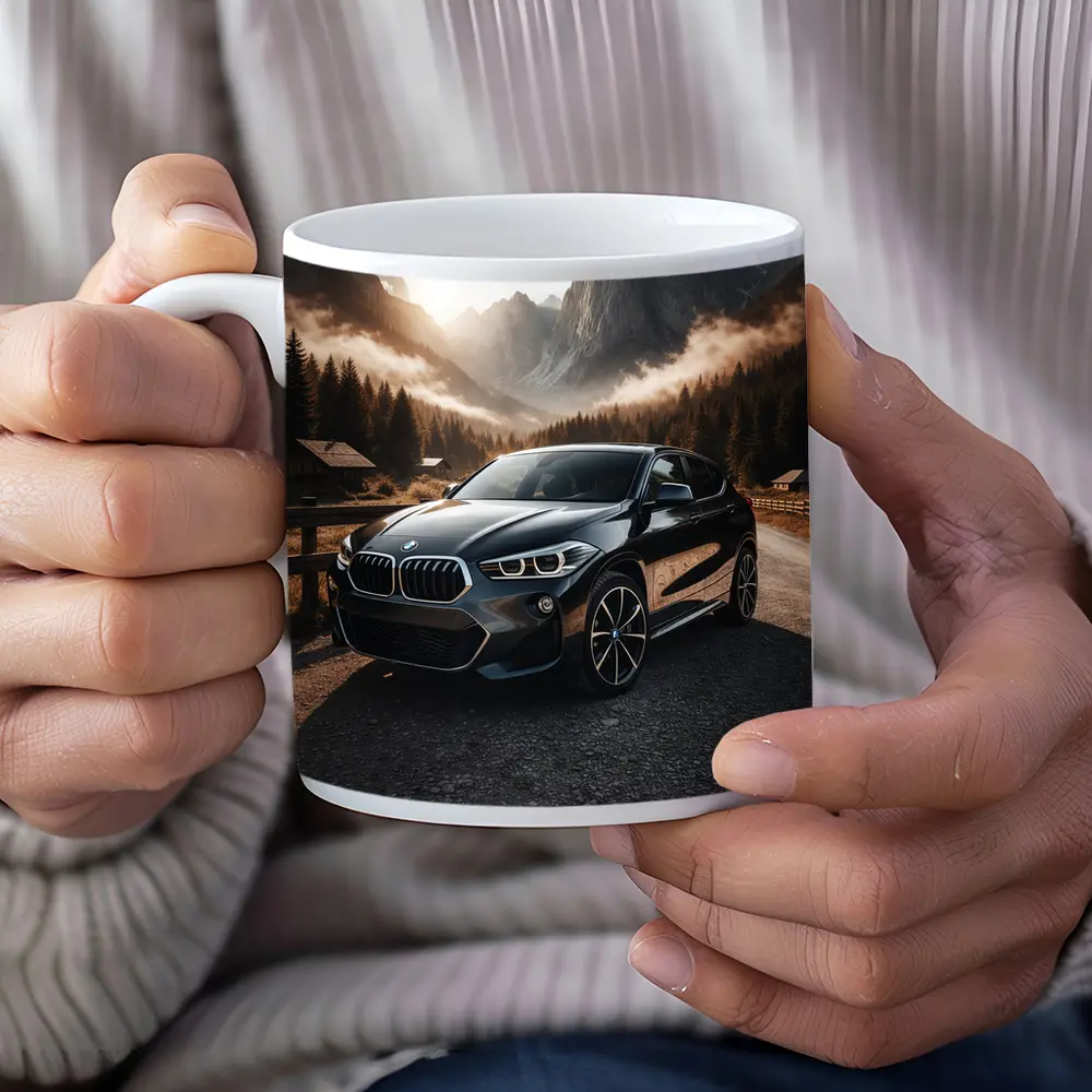 BMW X2 Parked Against Misty Mountain Backdrop – Mugs