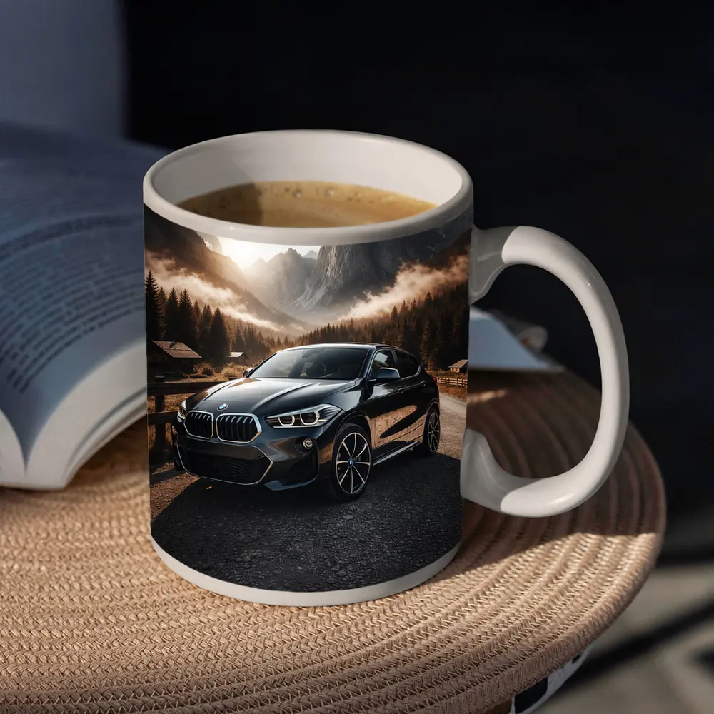 BMW X2 Parked Against Misty Mountain Backdrop – Mugs