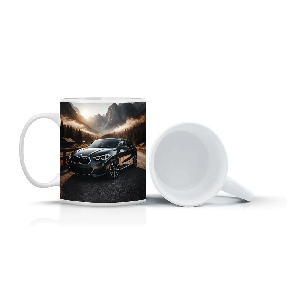 BMW X2 Parked Against Misty Mountain Backdrop – Mugs