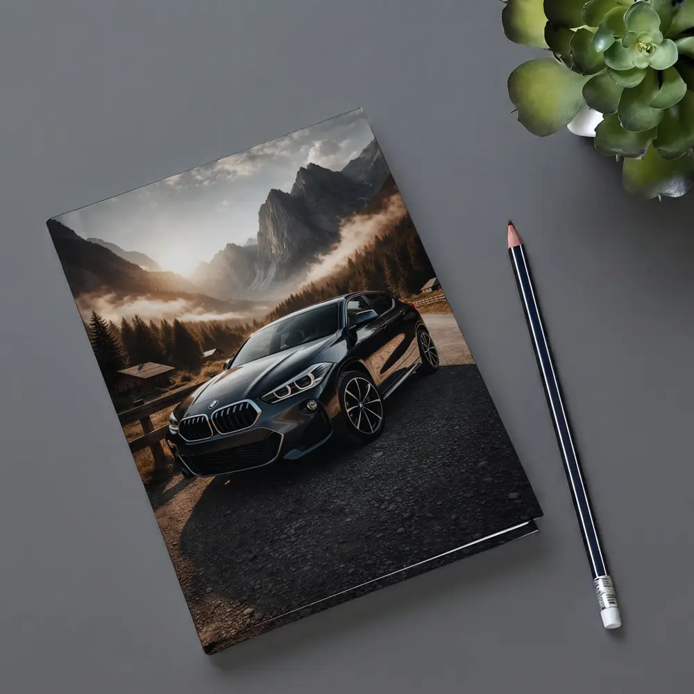 BMW X2 Parked Against Misty Mountain Backdrop – Notebooks