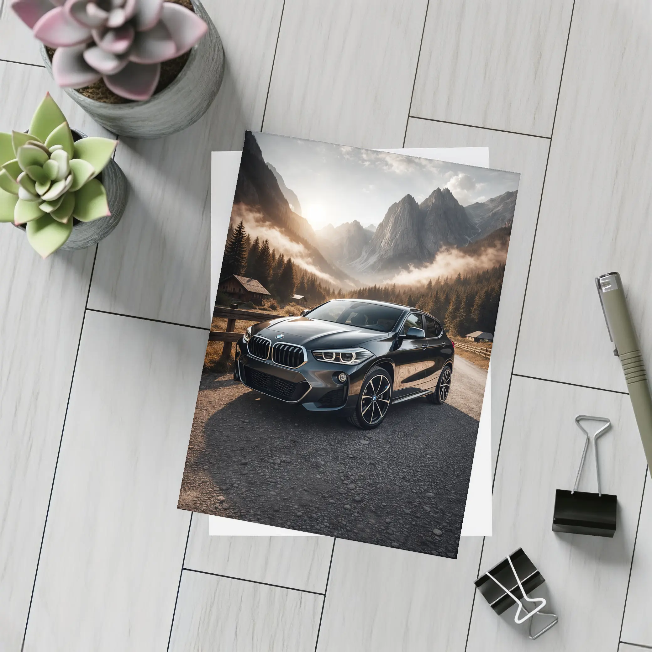BMW X2 Parked Against Misty Mountain Backdrop – Postcards