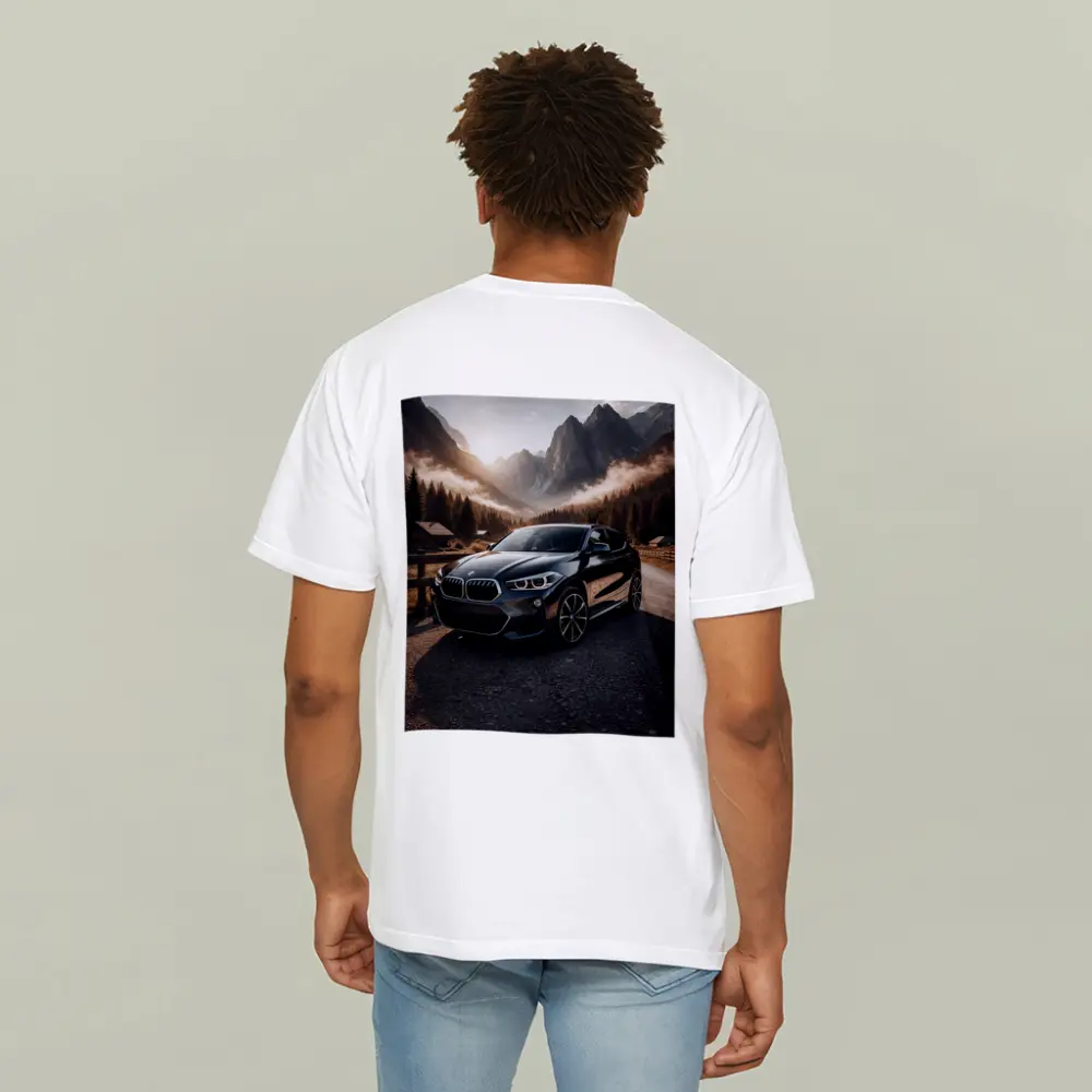 BMW X2 Parked Against Misty Mountain Backdrop – T-Shirts
