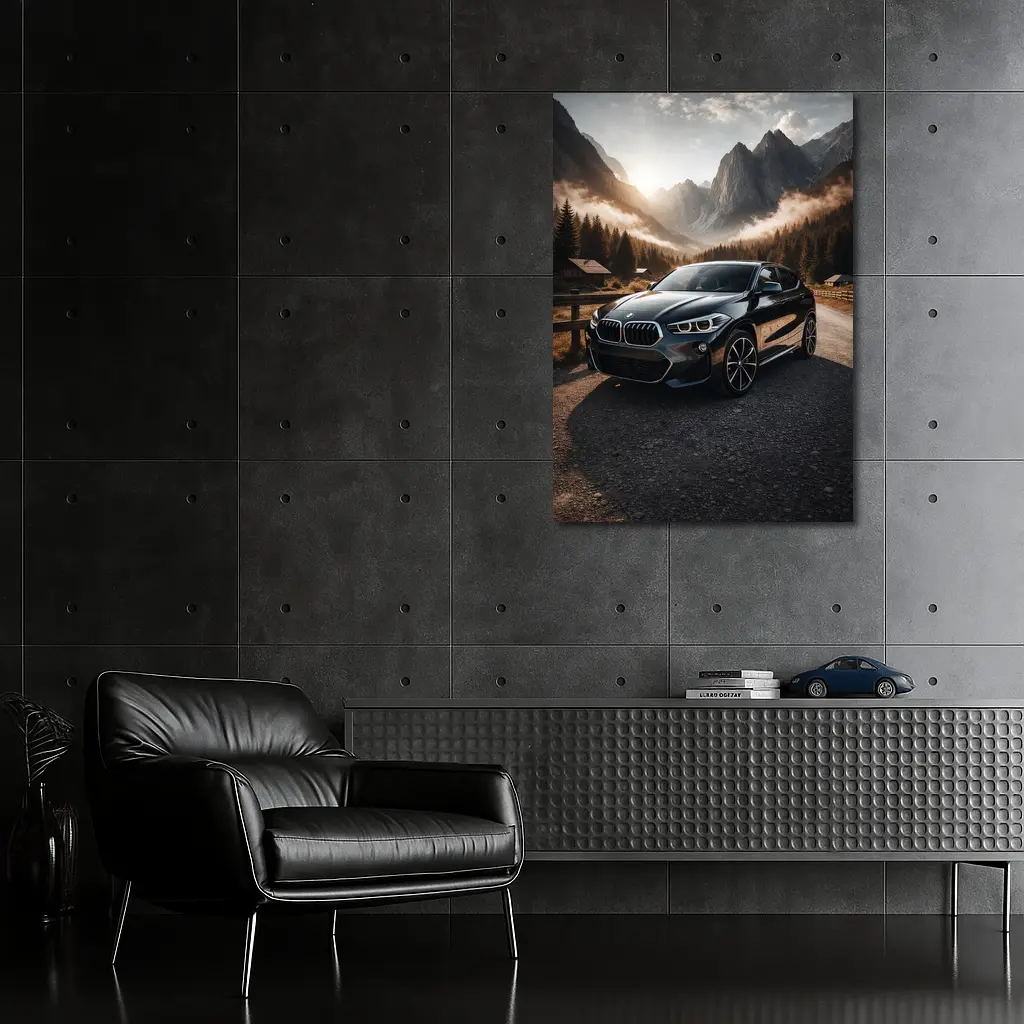 BMW X2 Parked Against Misty Mountain Backdrop – Wall Art