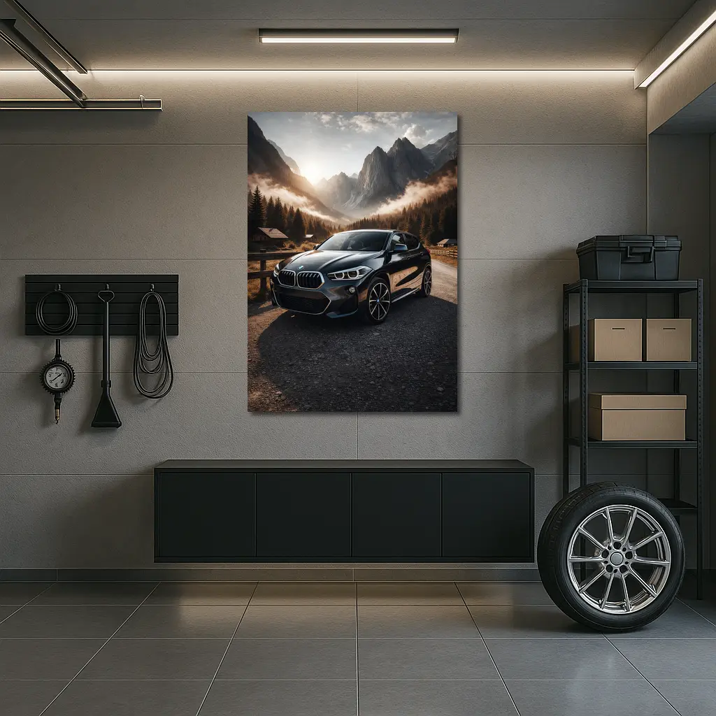 BMW X2 Parked Against Misty Mountain Backdrop – Wall Art