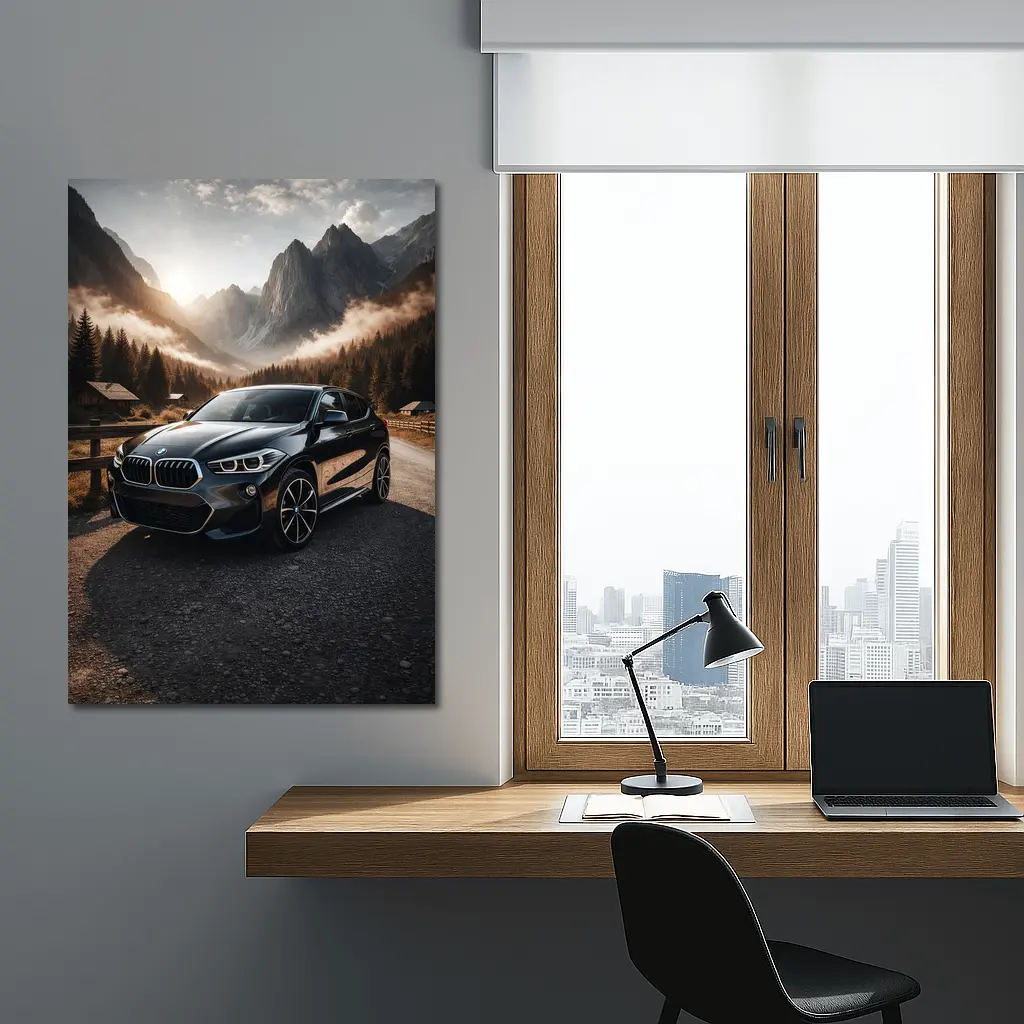 BMW X2 Parked Against Misty Mountain Backdrop – Wall Art