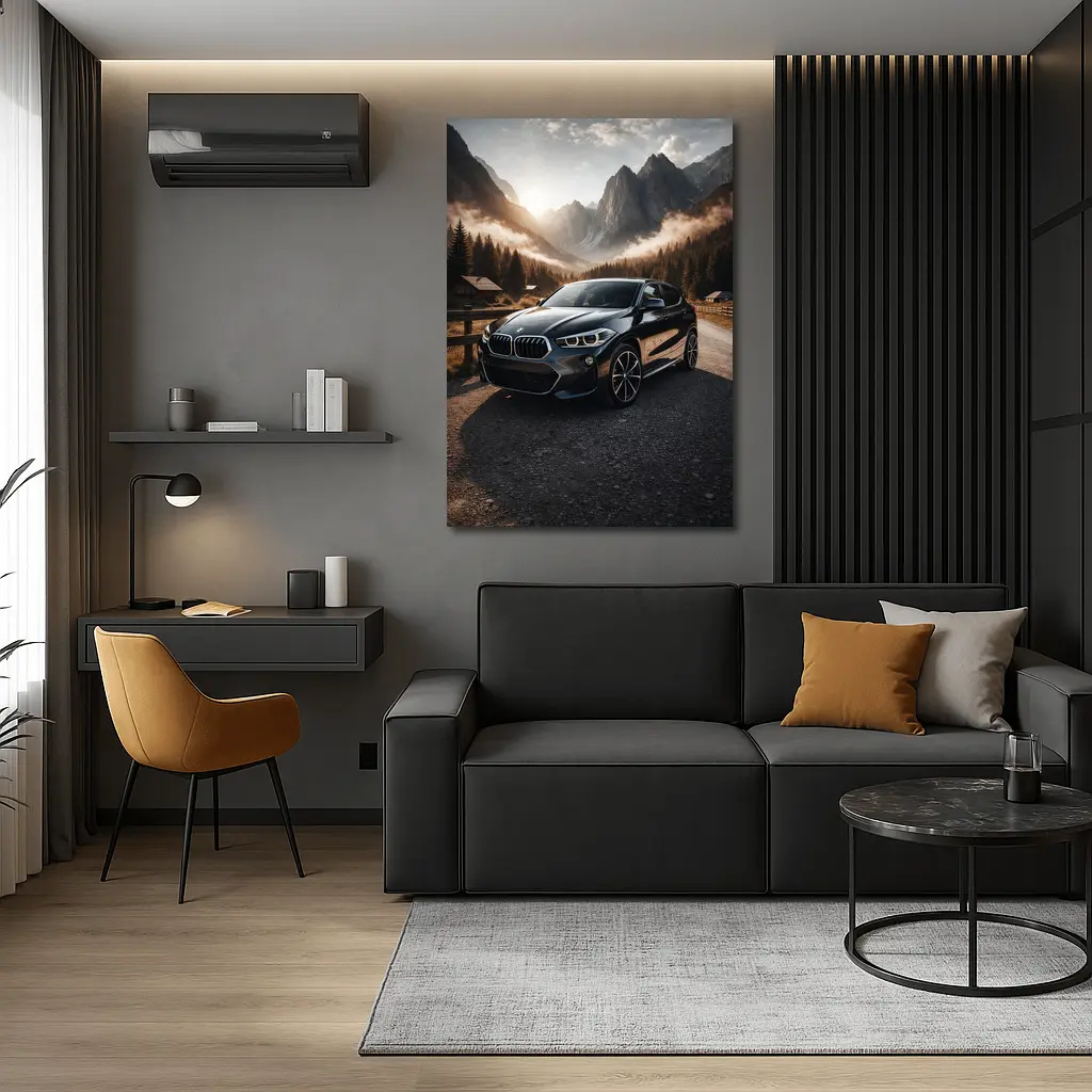 BMW X2 Parked Against Misty Mountain Backdrop – Wall Art