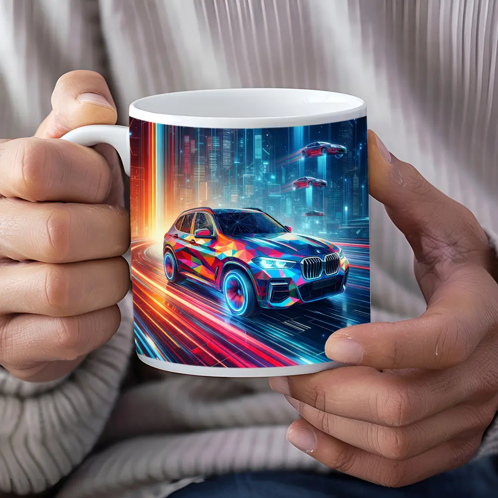 BMW X5 Futuristic Neon Cyberpunk City Art – Mugs