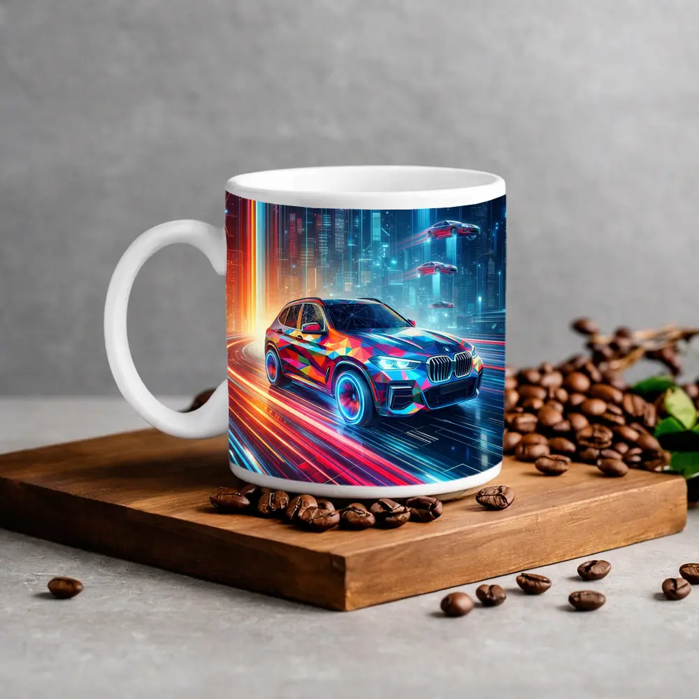 BMW X5 Futuristic Neon Cyberpunk City Art – Mugs