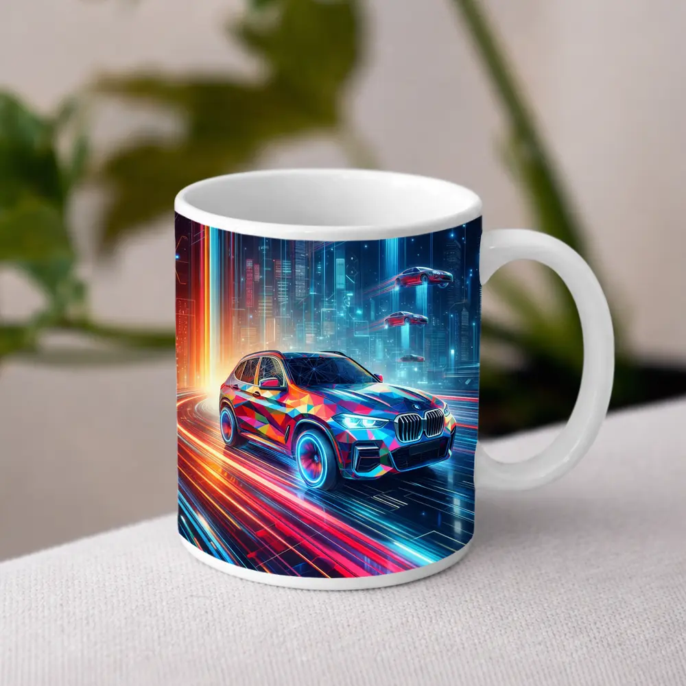 BMW X5 Futuristic Neon Cyberpunk City Art – Mugs