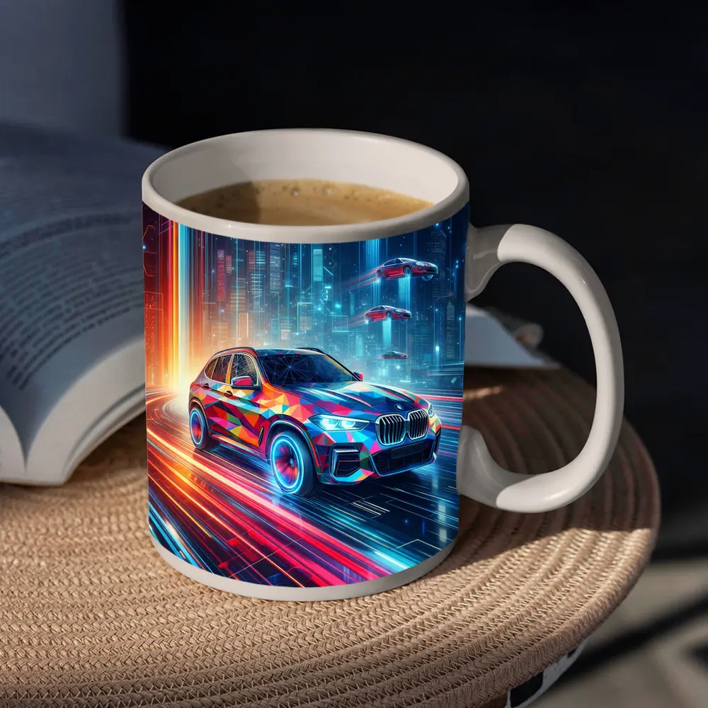 BMW X5 Futuristic Neon Cyberpunk City Art – Mugs