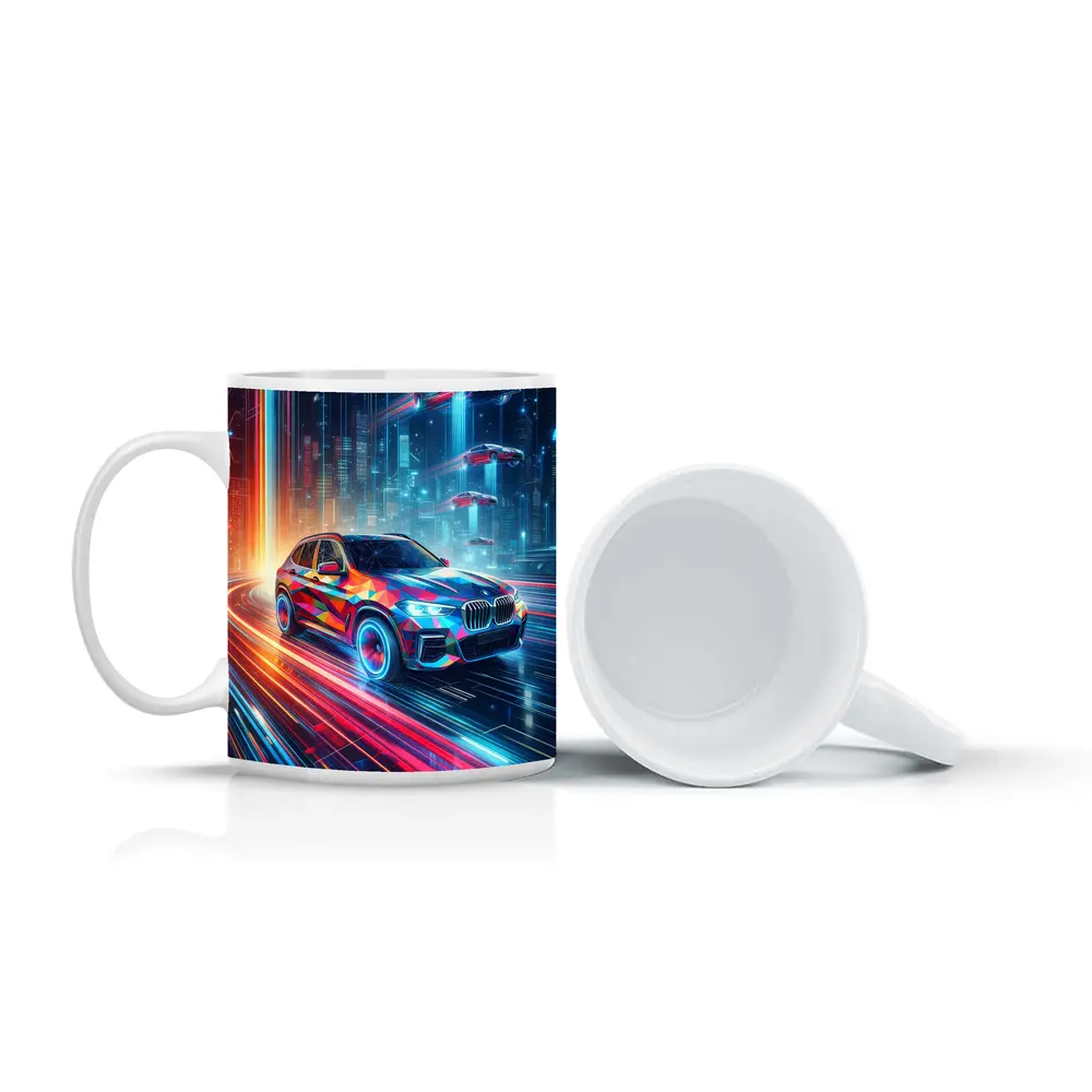 BMW X5 Futuristic Neon Cyberpunk City Art – Mugs