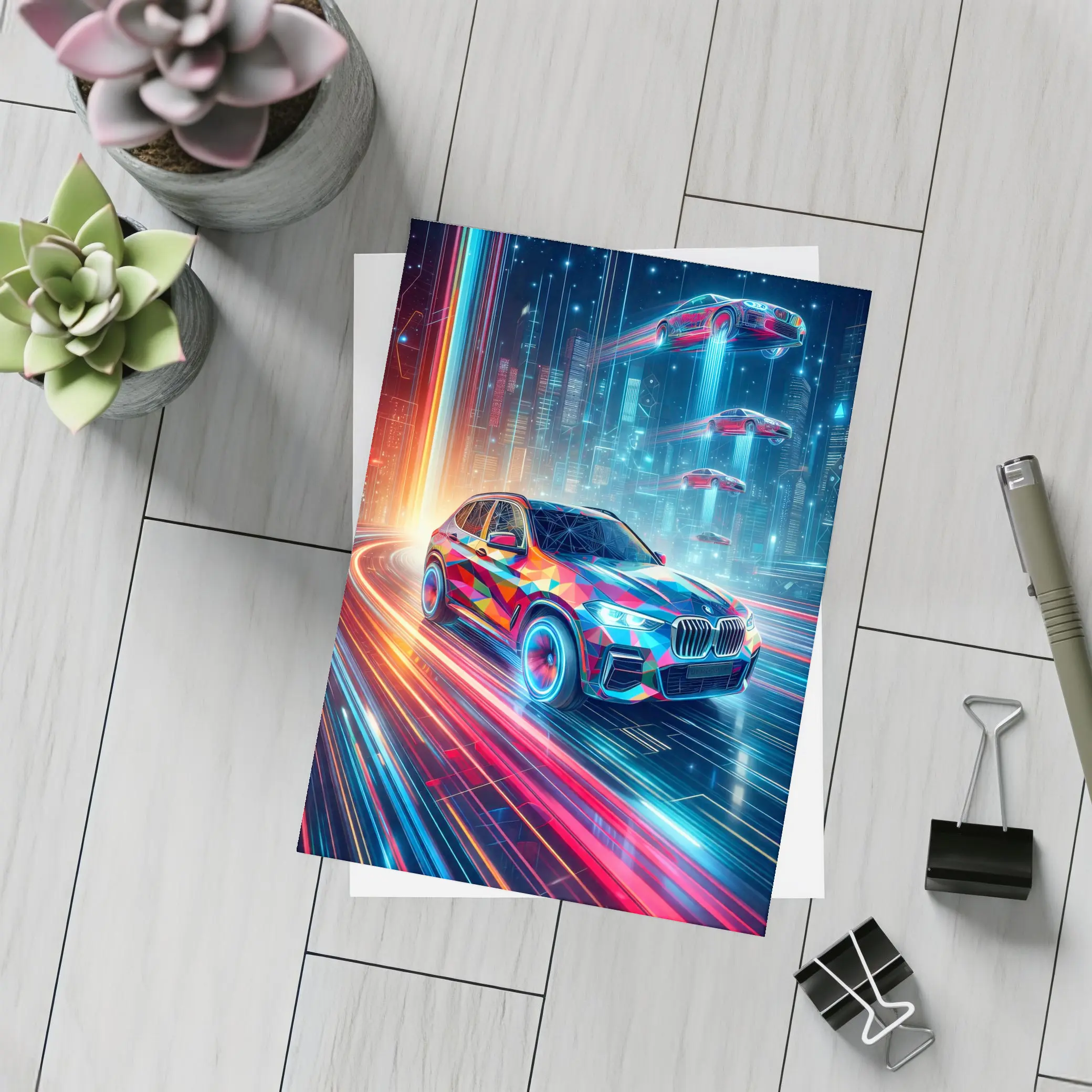 BMW X5 Futuristic Neon Cyberpunk City Art – Postcards