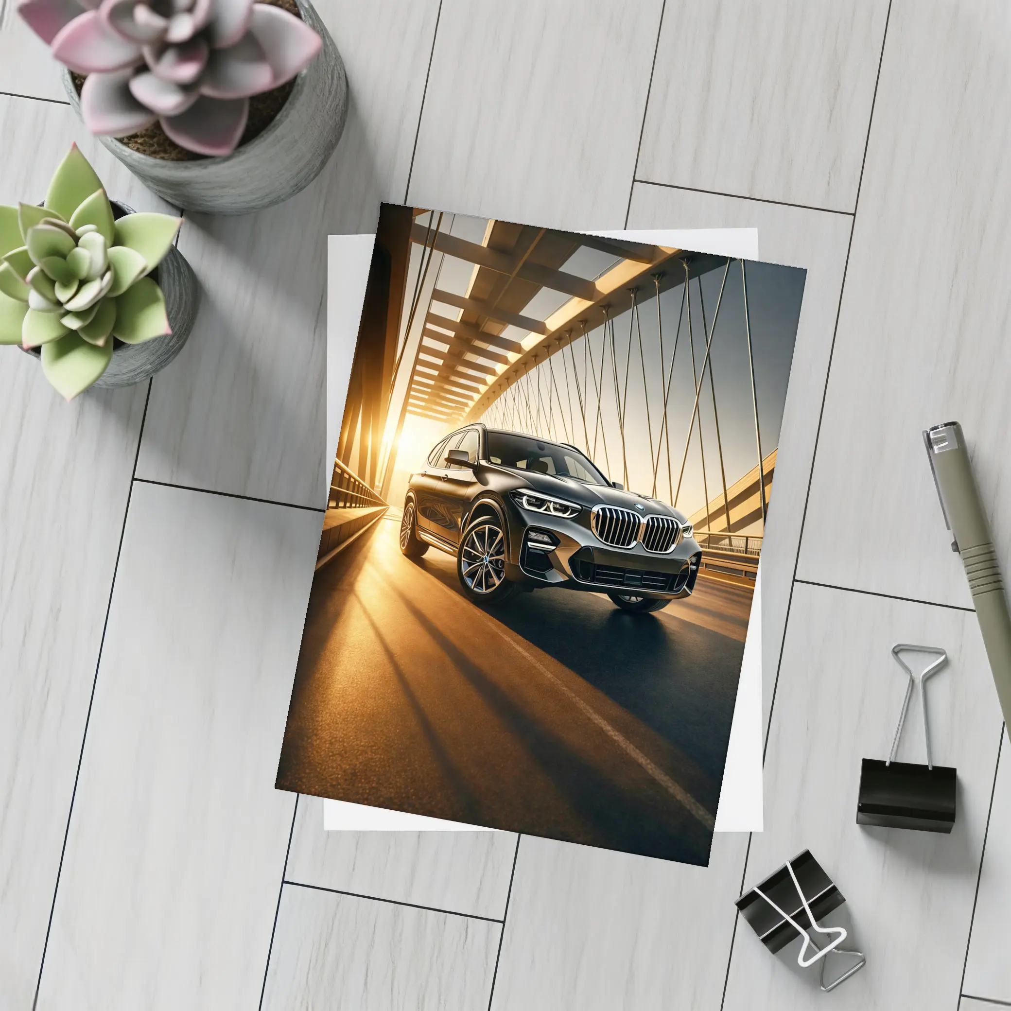 BMW X3 Crossing Bridge at Golden Sunset – Postcards