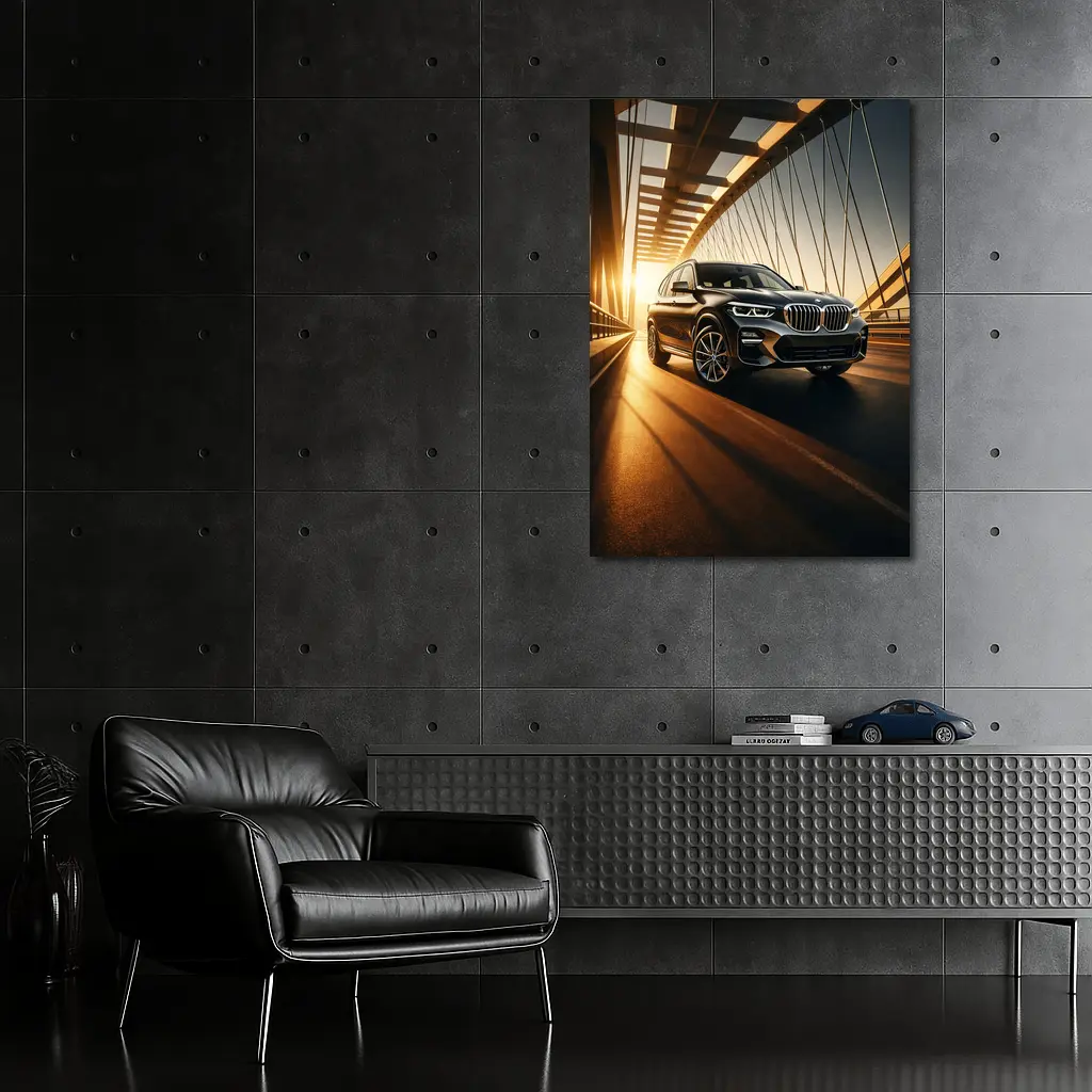 BMW X3 Crossing Bridge at Golden Sunset – Wall Art
