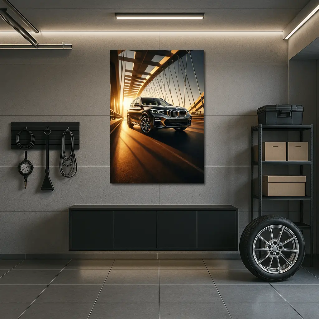 BMW X3 Crossing Bridge at Golden Sunset – Wall Art