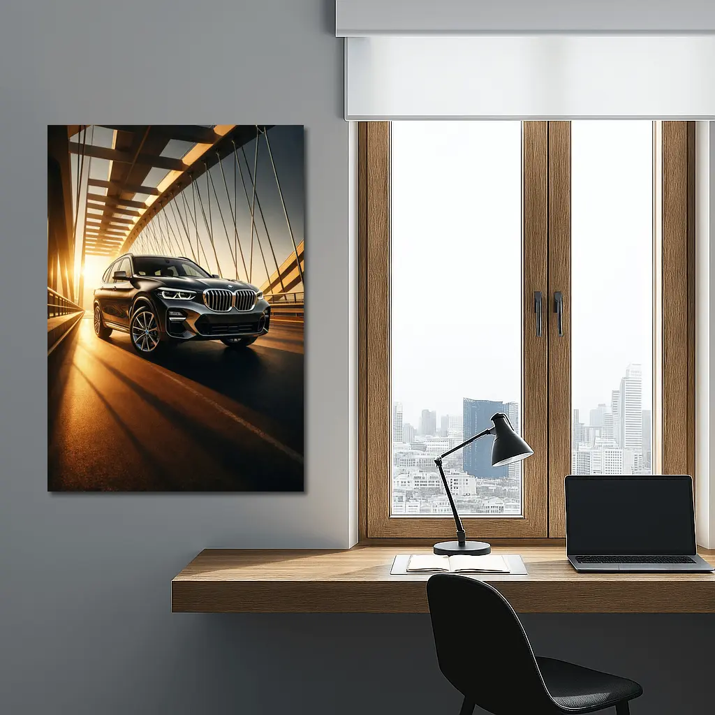 BMW X3 Crossing Bridge at Golden Sunset – Wall Art