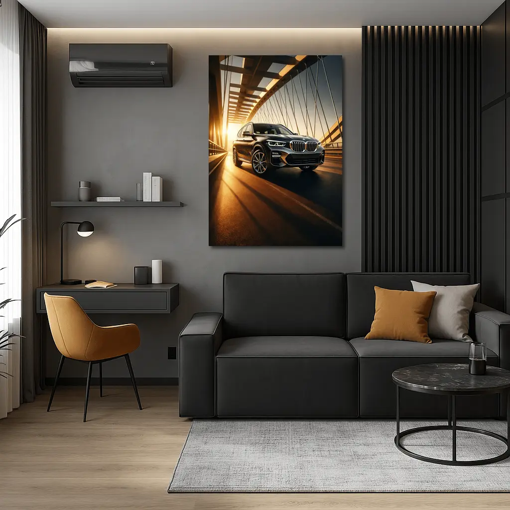 BMW X3 Crossing Bridge at Golden Sunset – Wall Art