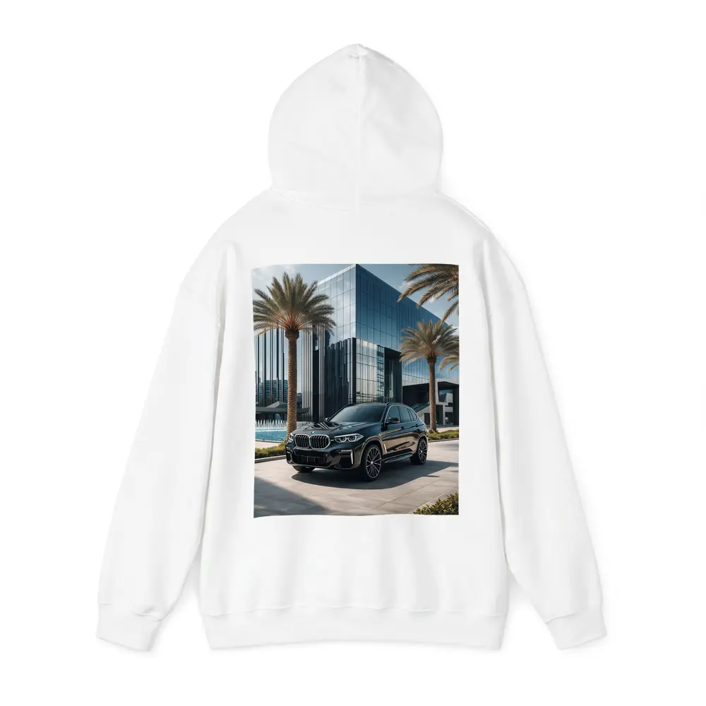 BMW X5 Black Parked Near Glass Building – Hoodies