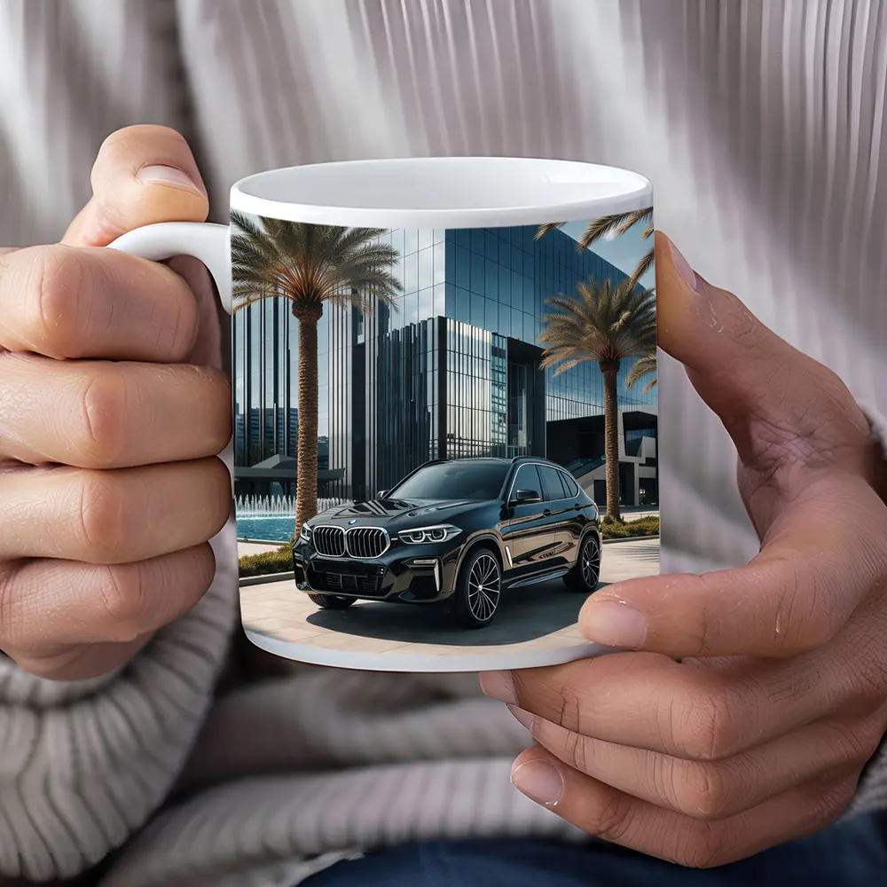 BMW X5 Black Parked Near Glass Building – Mugs