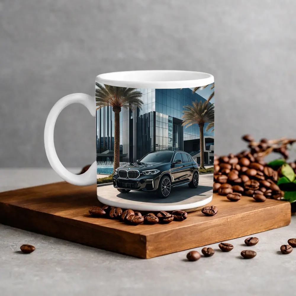 BMW X5 Black Parked Near Glass Building – Mugs