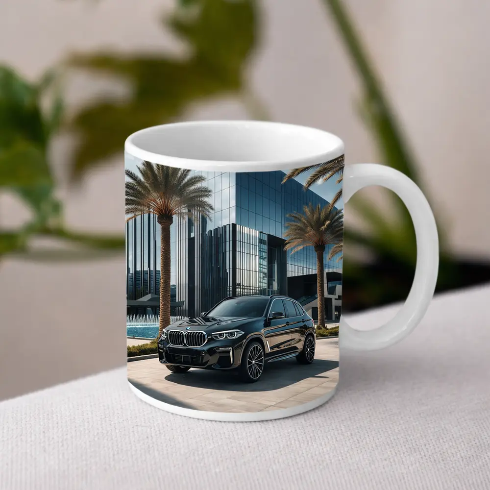 BMW X5 Black Parked Near Glass Building – Mugs