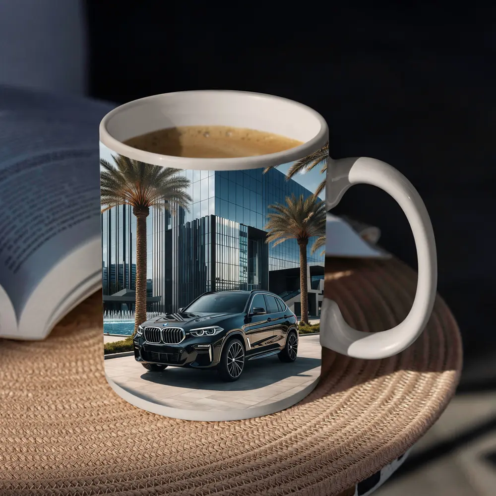 BMW X5 Black Parked Near Glass Building – Mugs