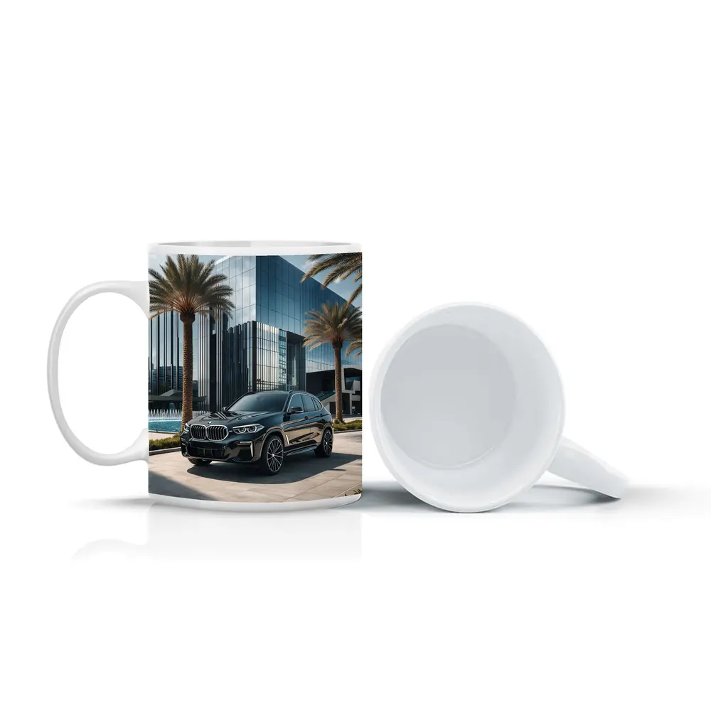BMW X5 Black Parked Near Glass Building – Mugs