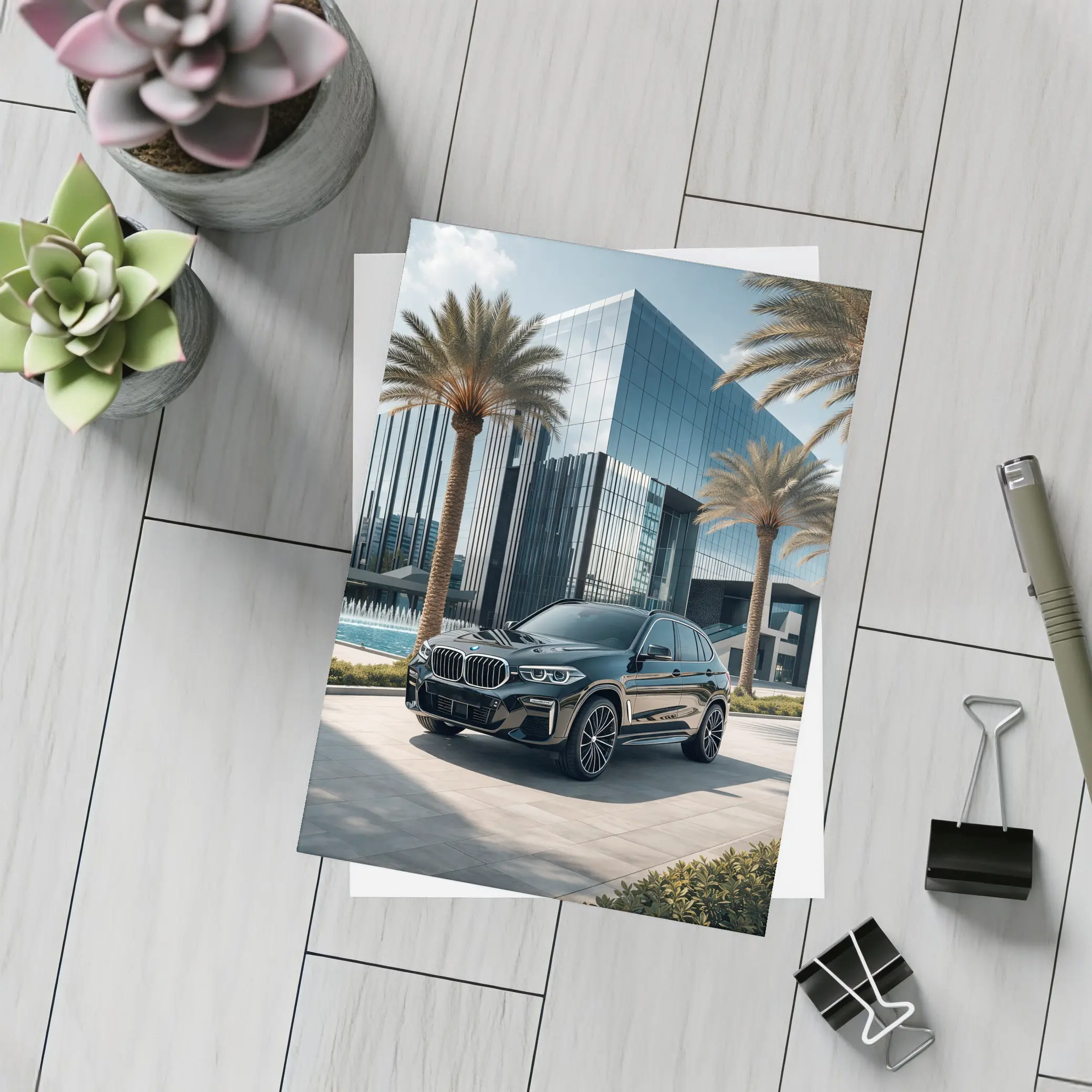 BMW X5 Black Parked Near Glass Building – Postcards