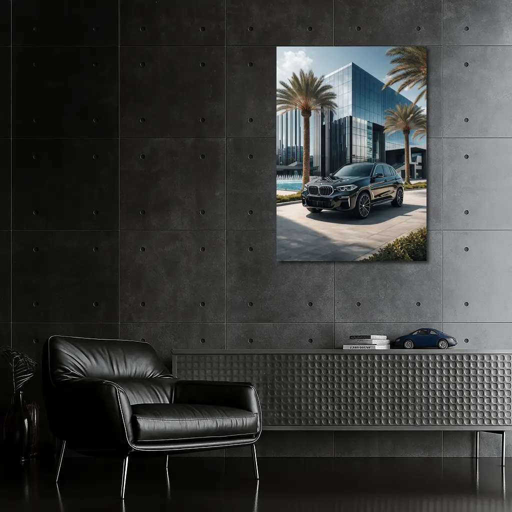BMW X5 Black Parked Near Glass Building – Wall Art
