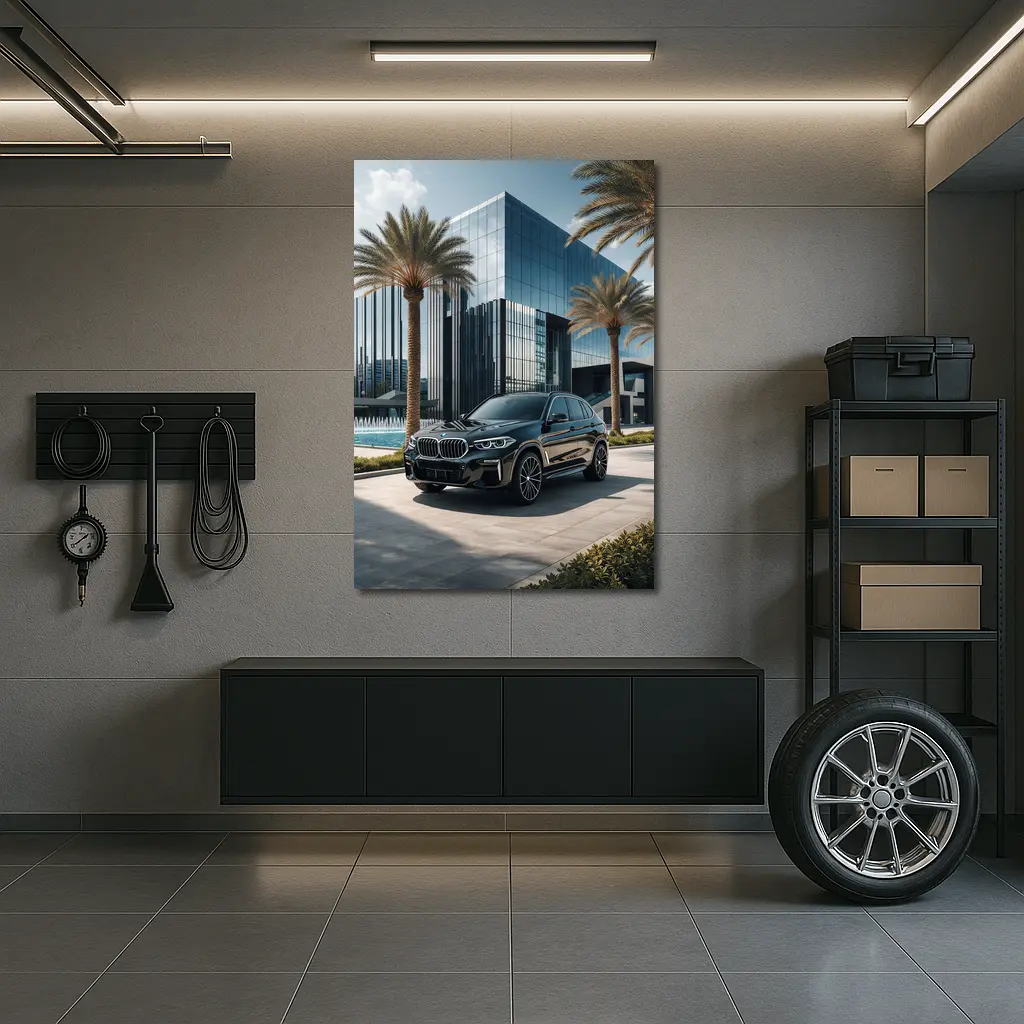 BMW X5 Black Parked Near Glass Building – Wall Art
