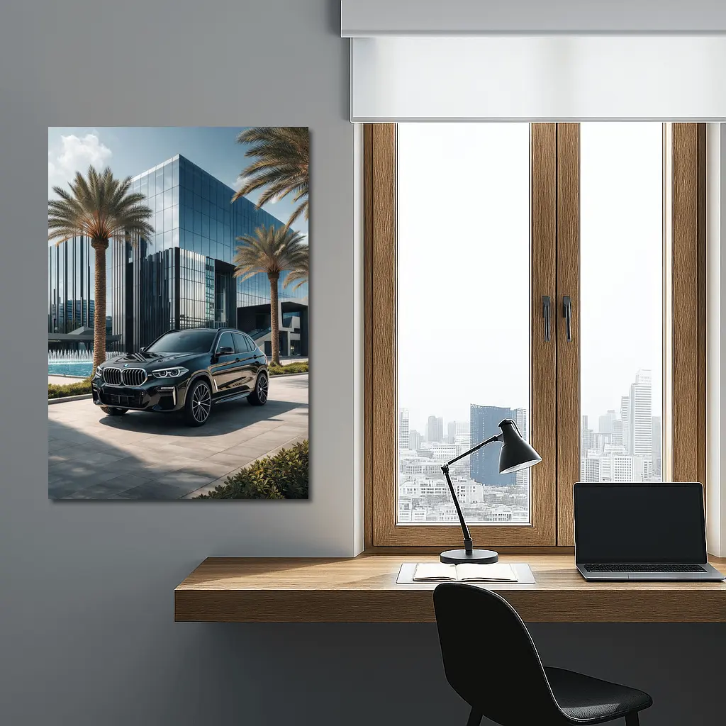 BMW X5 Black Parked Near Glass Building – Wall Art