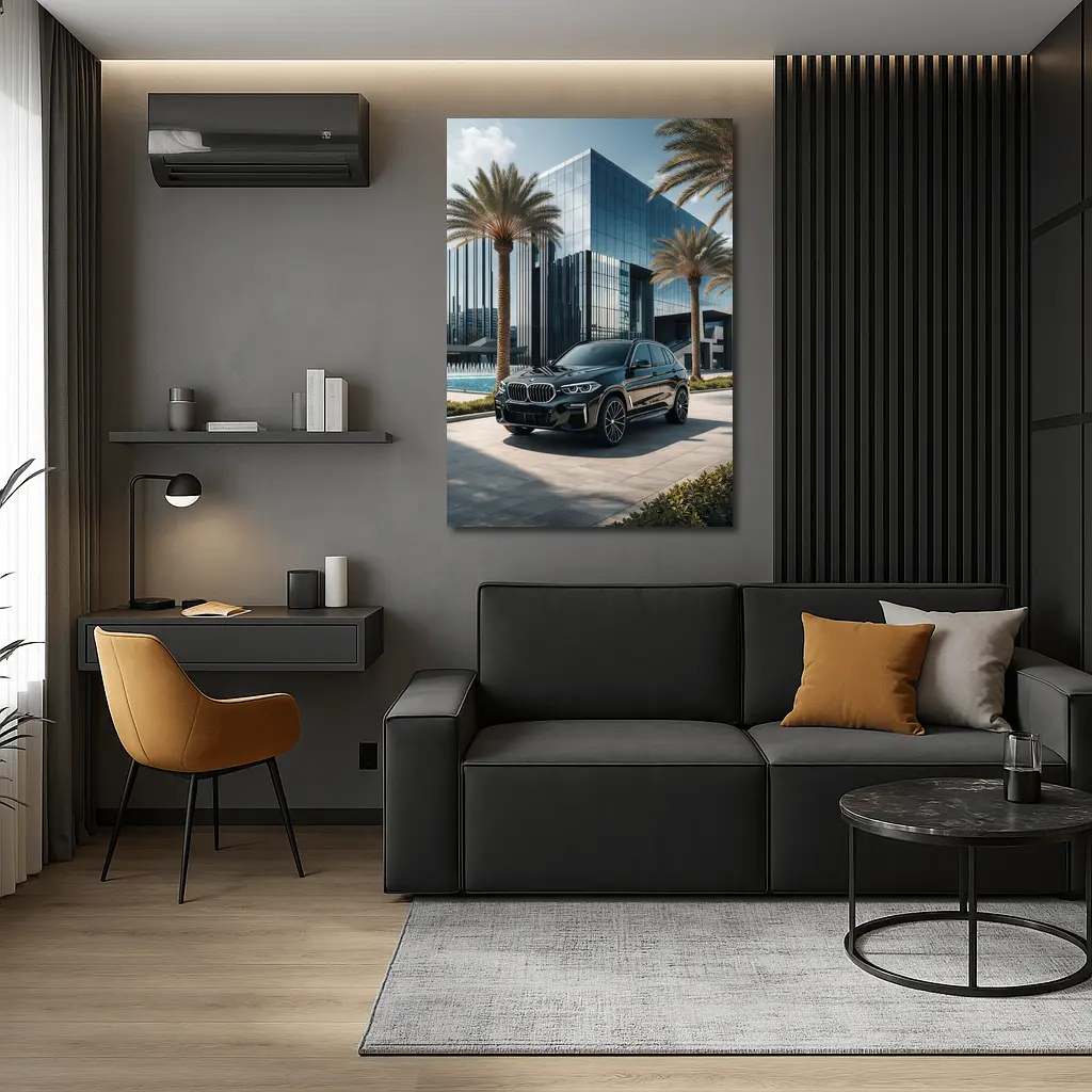 BMW X5 Black Parked Near Glass Building – Wall Art