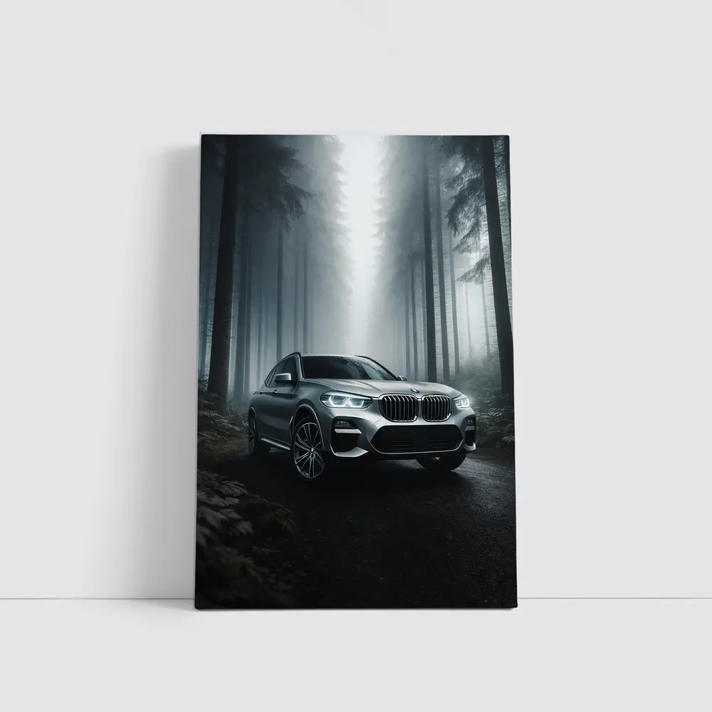 BMW X3 Parked on Misty Forest Road – Wall Art