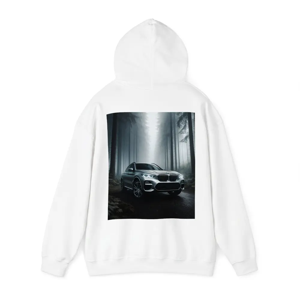 BMW X3 Parked on Misty Forest Road – Hoodies