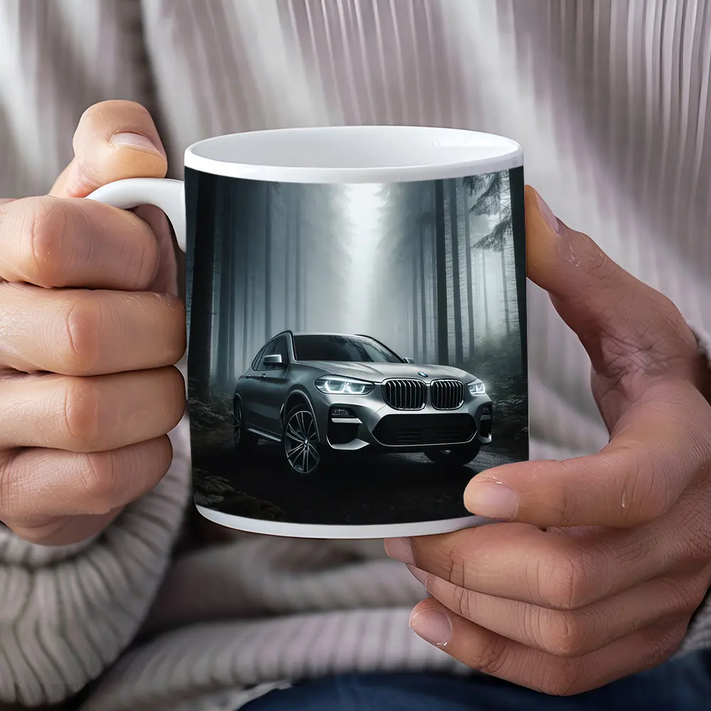 BMW X3 Parked on Misty Forest Road – Mugs
