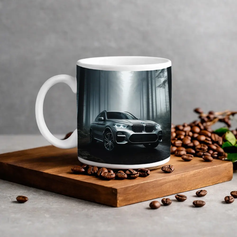 BMW X3 Parked on Misty Forest Road – Mugs