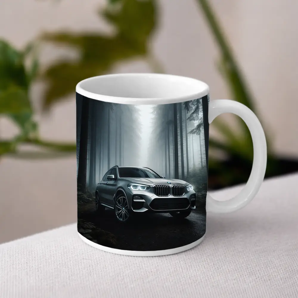 BMW X3 Parked on Misty Forest Road – Mugs