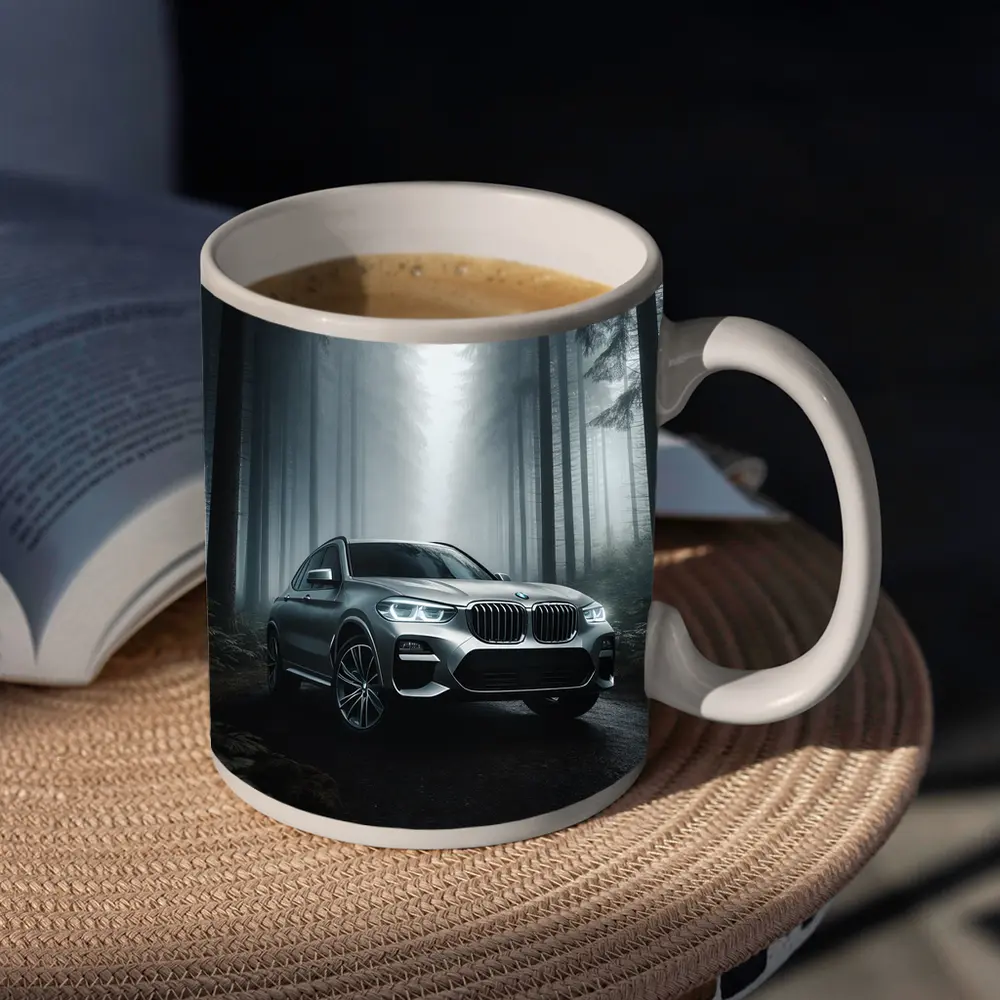 BMW X3 Parked on Misty Forest Road – Mugs