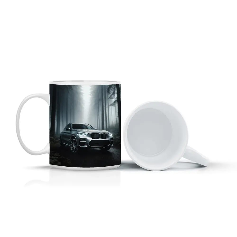 BMW X3 Parked on Misty Forest Road – Mugs