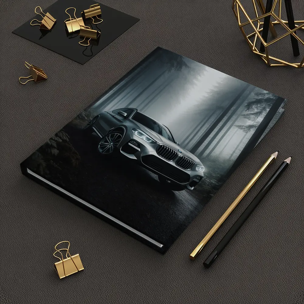 BMW X3 Parked on Misty Forest Road – Notebooks