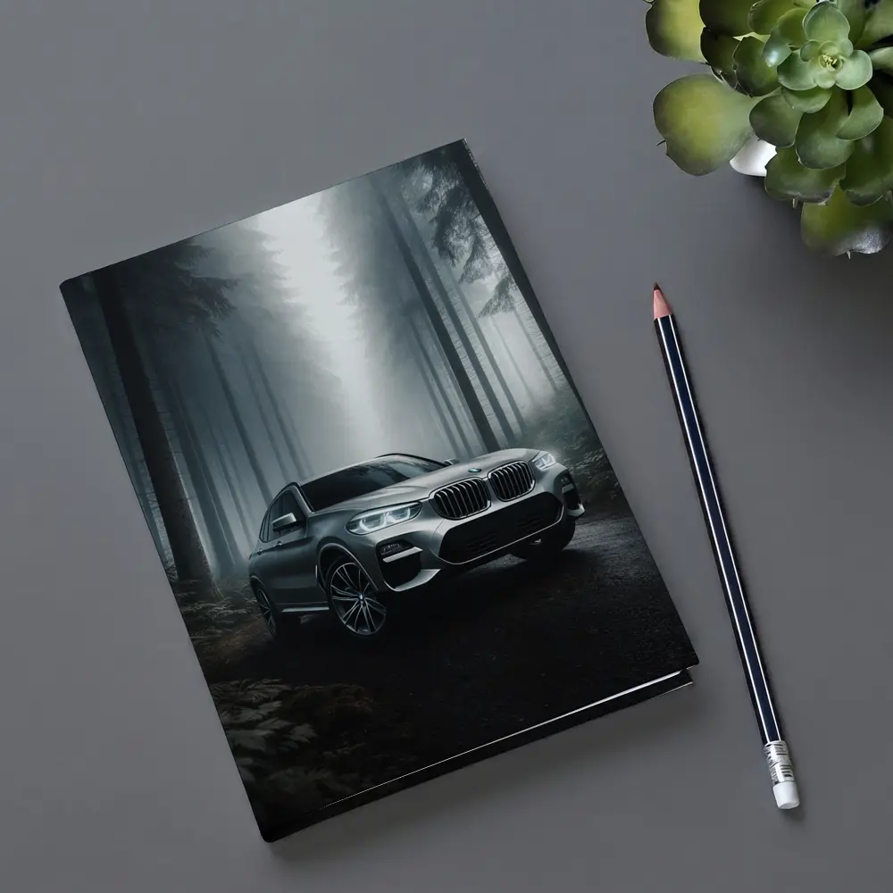 BMW X3 Parked on Misty Forest Road – Notebooks