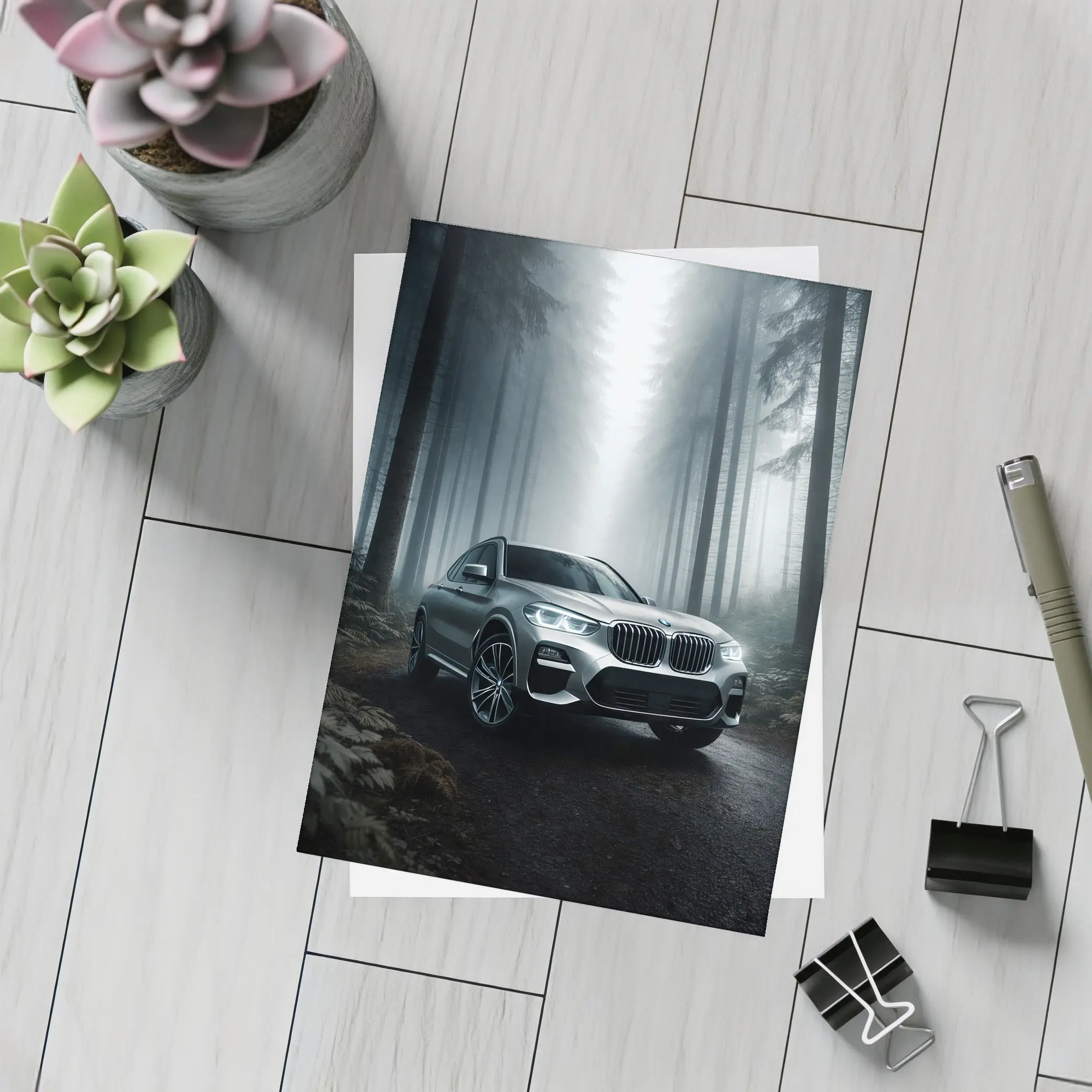 BMW X3 Parked on Misty Forest Road – Postcards