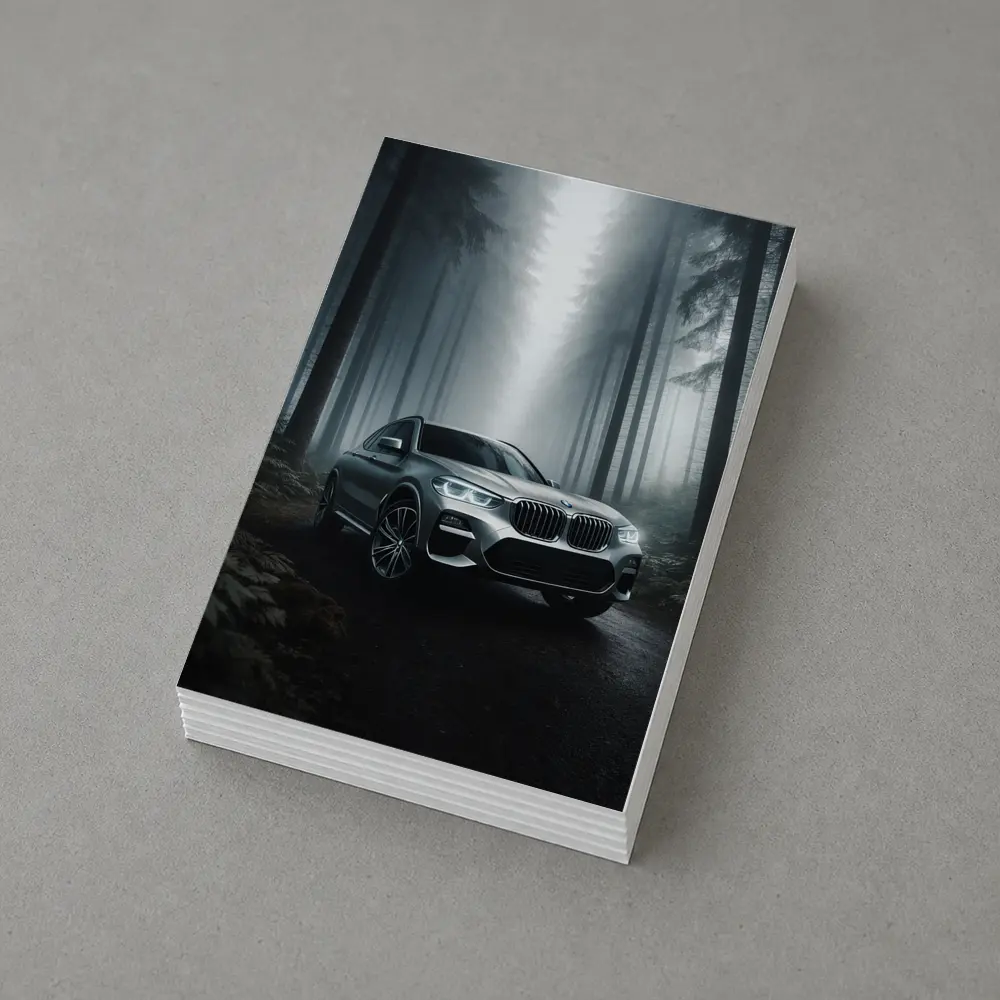 BMW X3 Parked on Misty Forest Road – Postcards