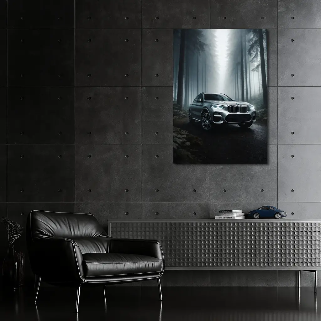 BMW X3 Parked on Misty Forest Road – Wall Art
