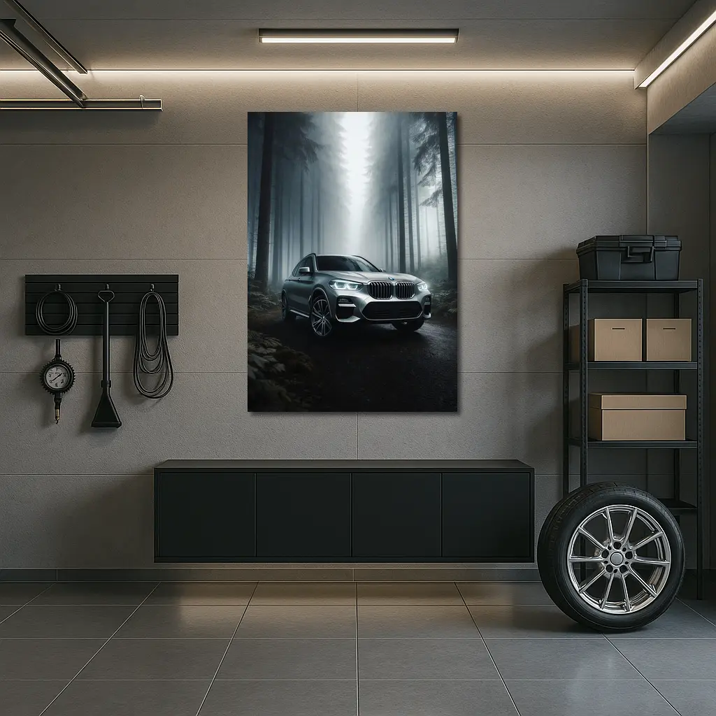 BMW X3 Parked on Misty Forest Road – Wall Art