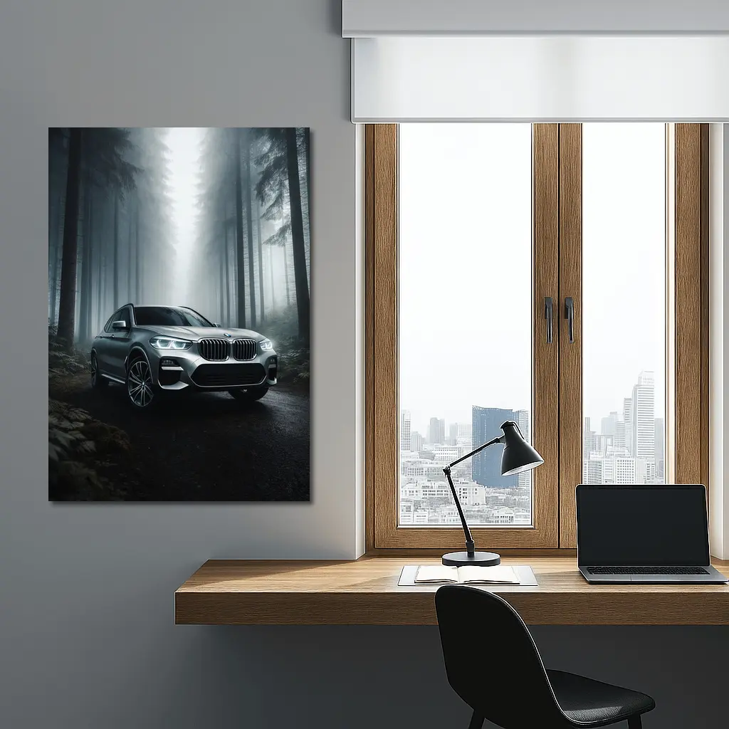 BMW X3 Parked on Misty Forest Road – Wall Art