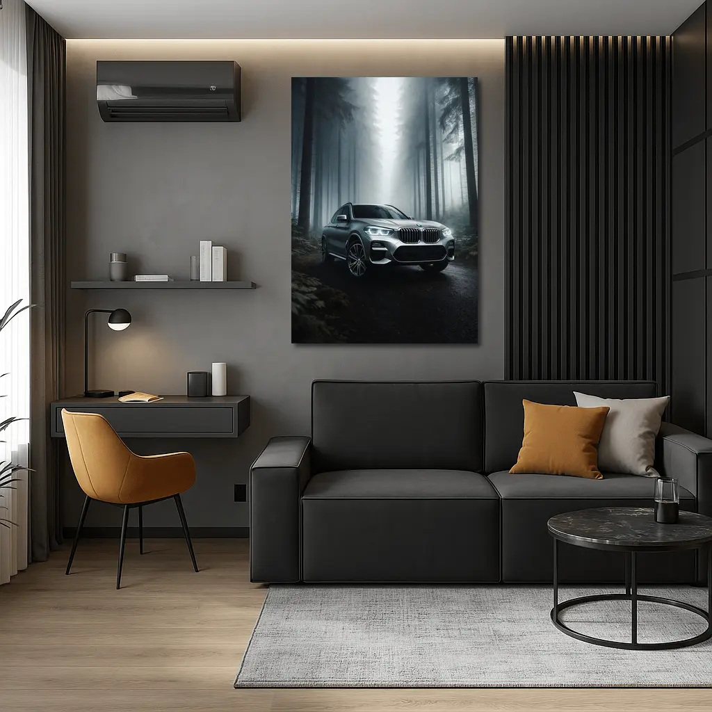 BMW X3 Parked on Misty Forest Road – Wall Art